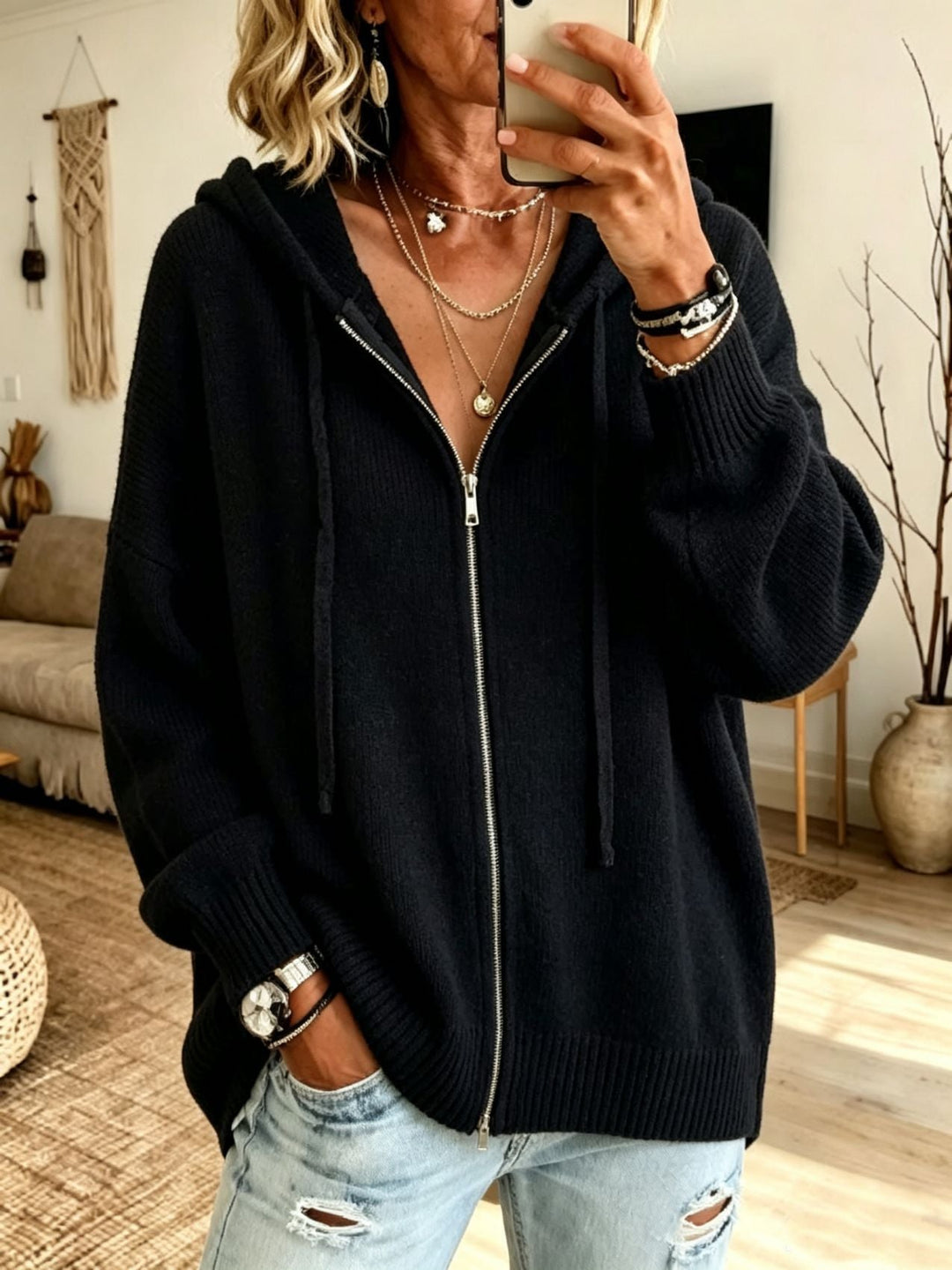 Marisela black hooded zip-up chunky knit cardigan, front view