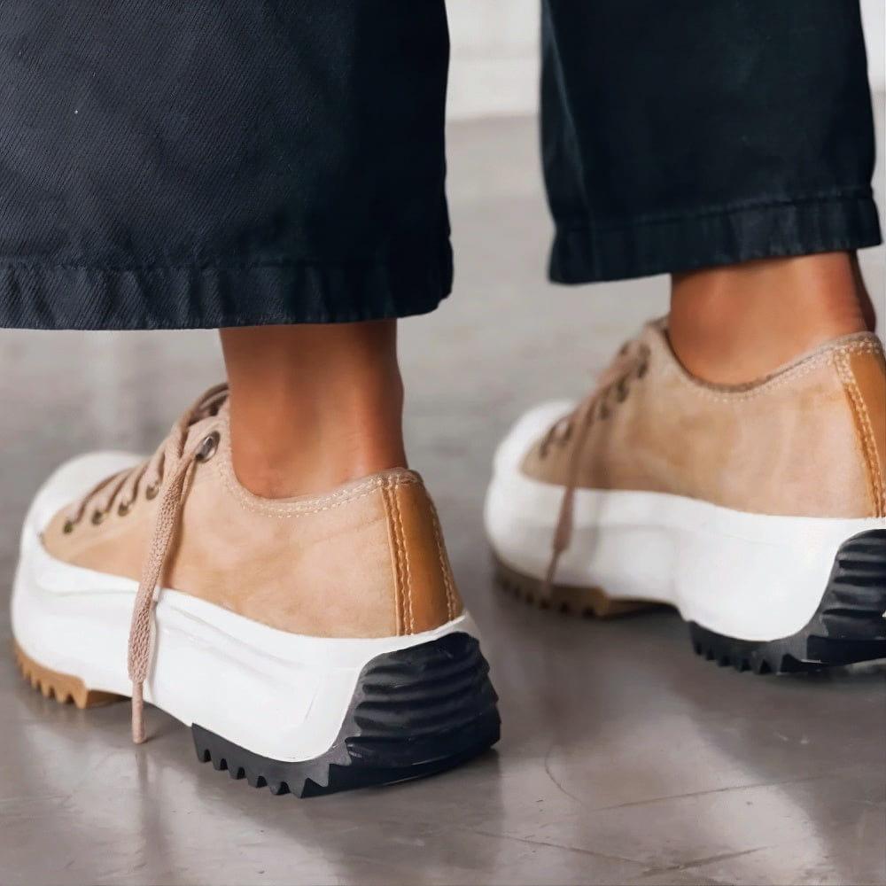 Carlotta tan platform sneakers, back view showing tread outsole