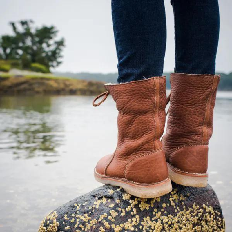 Odessa winter boots styled outdoors with knit socks