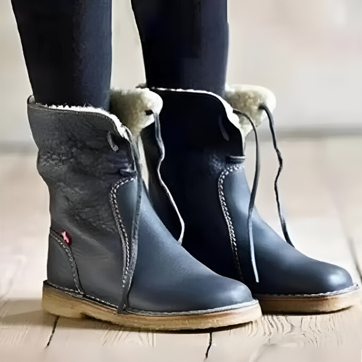 Odessa lace-up winter boots with sherpa trim collar, side view