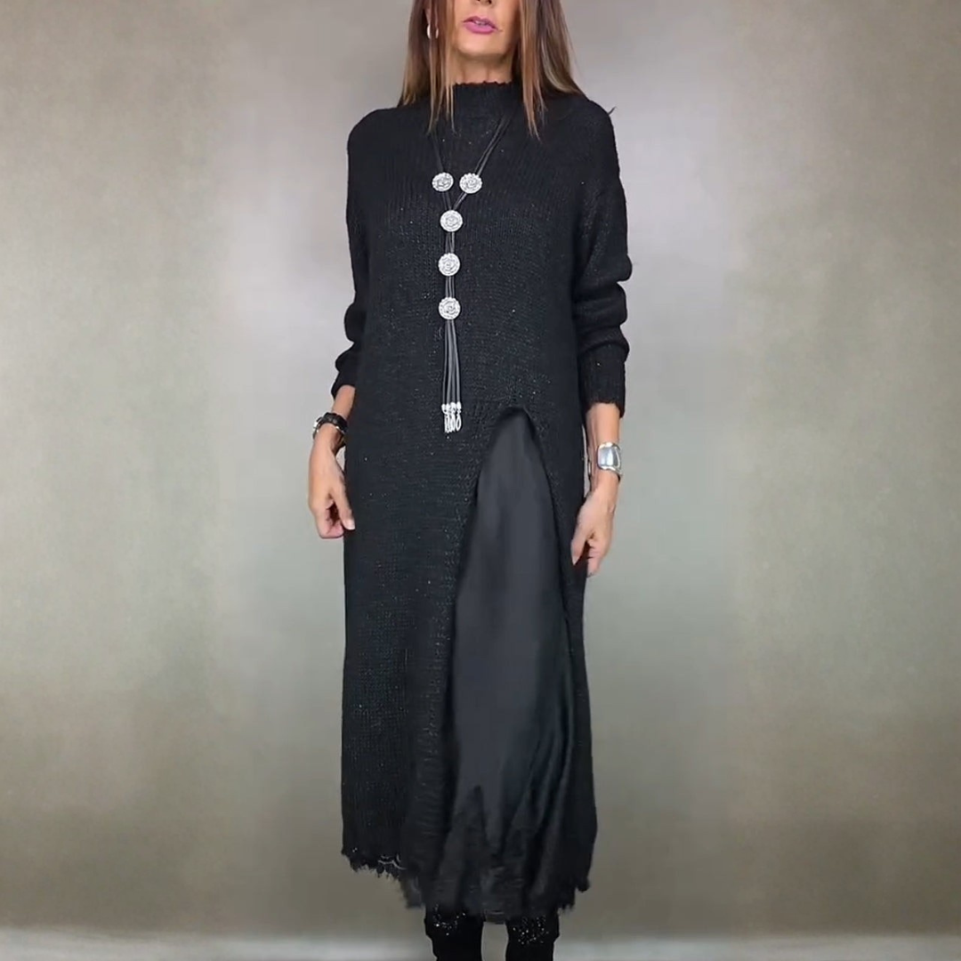 Marguerite layered mock neck sweater dress, front view with slit detail