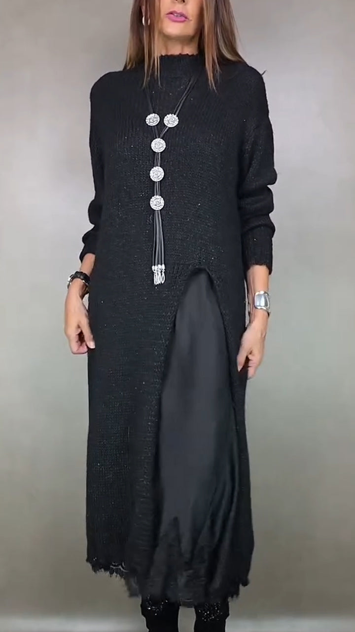 Marguerite knit sweater dress over midi slip, close-up front view