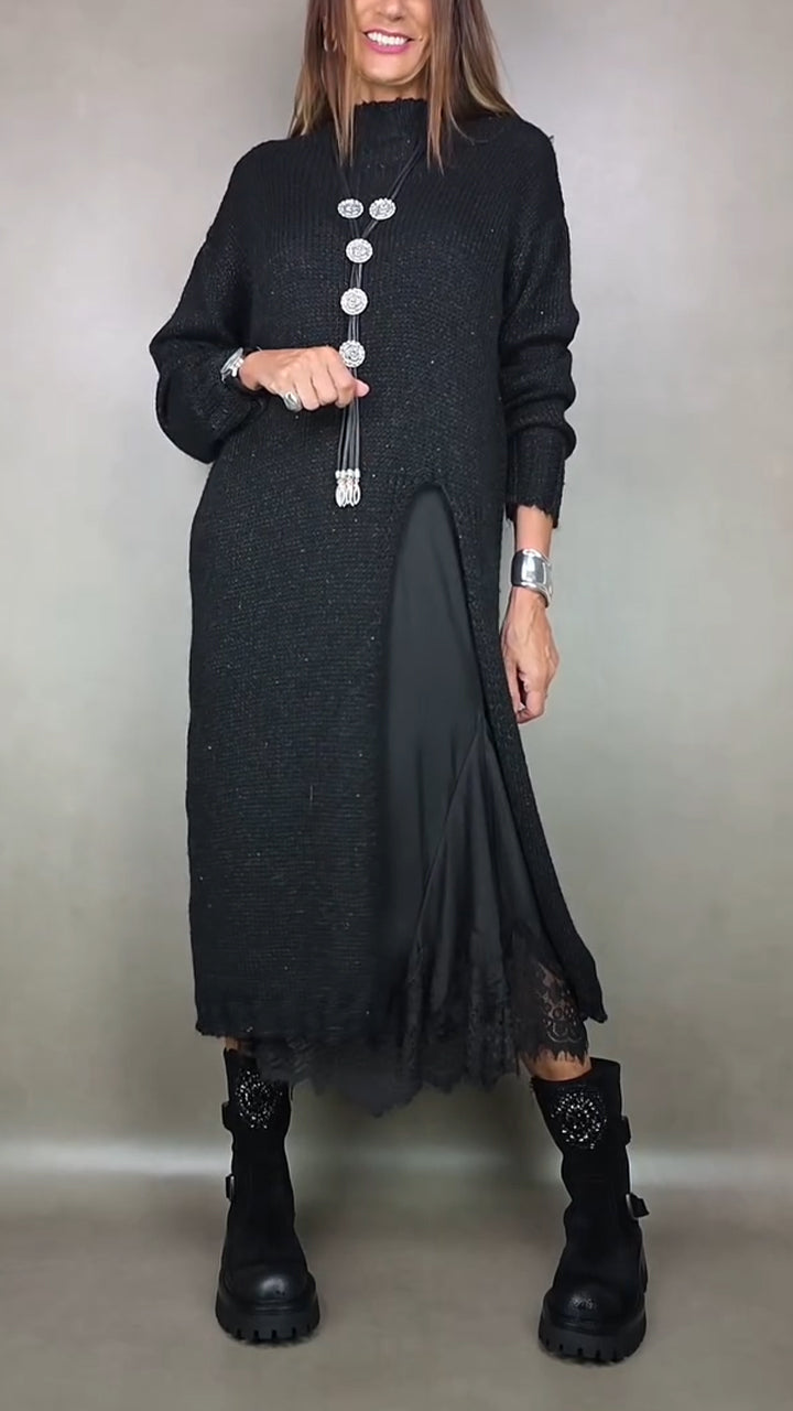 Marguerite layered sweater dress styled with boots, full length view