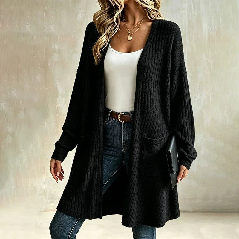 Fiorella long ribbed open front cardigan in black, front view