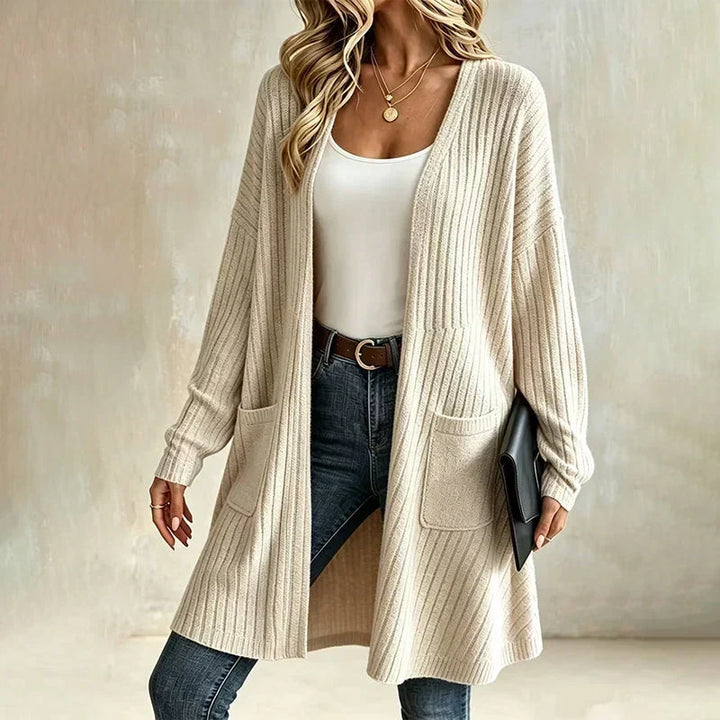 Fiorella long ribbed open front cardigan in beige, front view