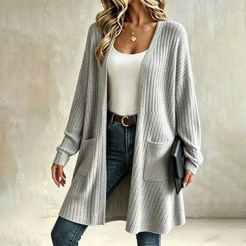 Fiorella long ribbed open front cardigan in beige, front view