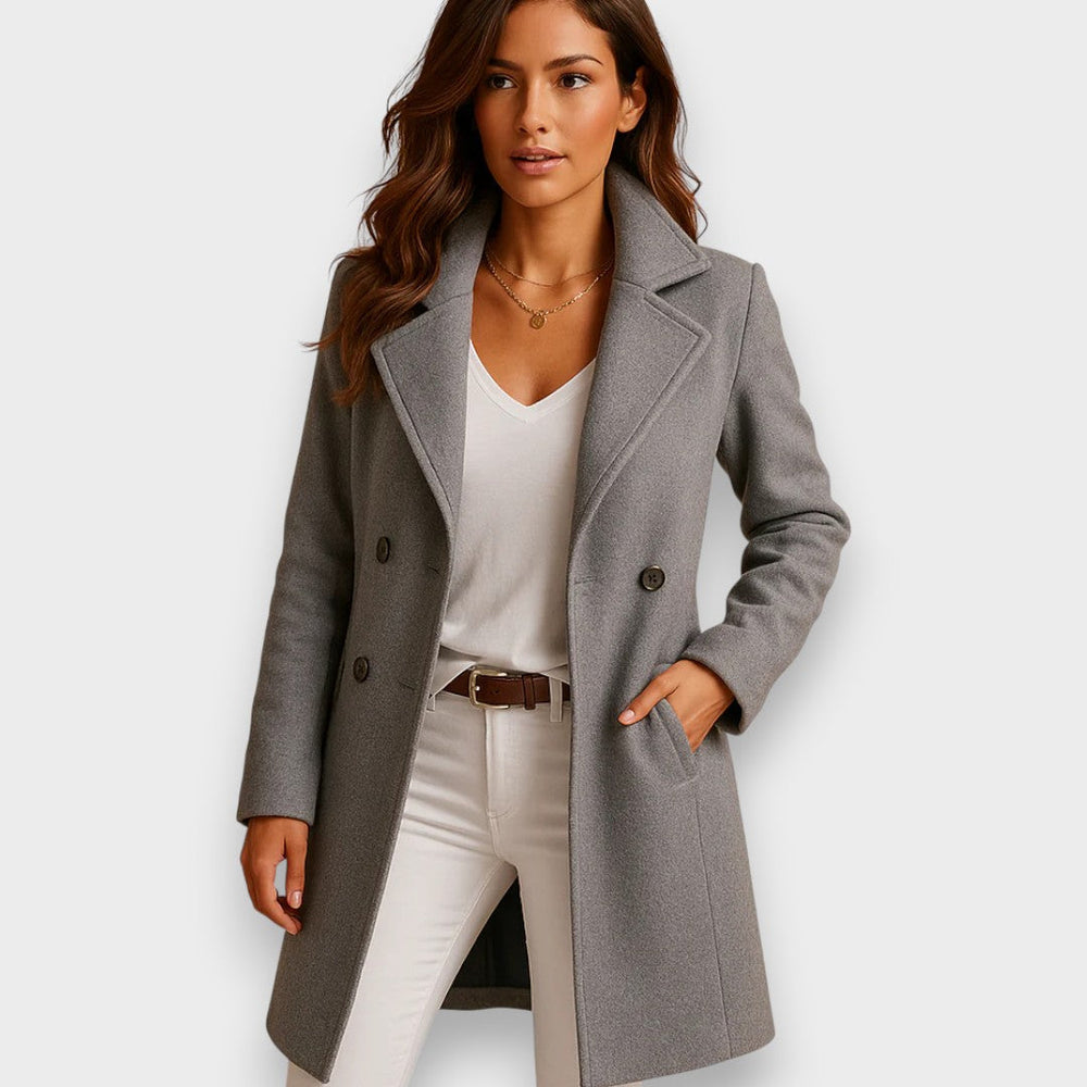 Genevieve long wool coat in gray, double-breasted button detail