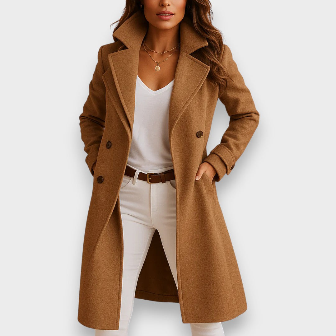 Genevieve long wool coat in camel, close-up of notch collar and tailored fit