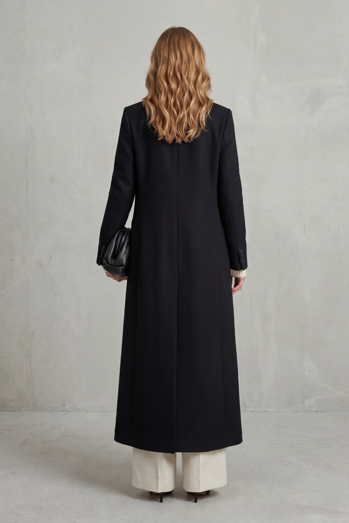 Delphine longline double-breasted coat in wine red, close-up front view