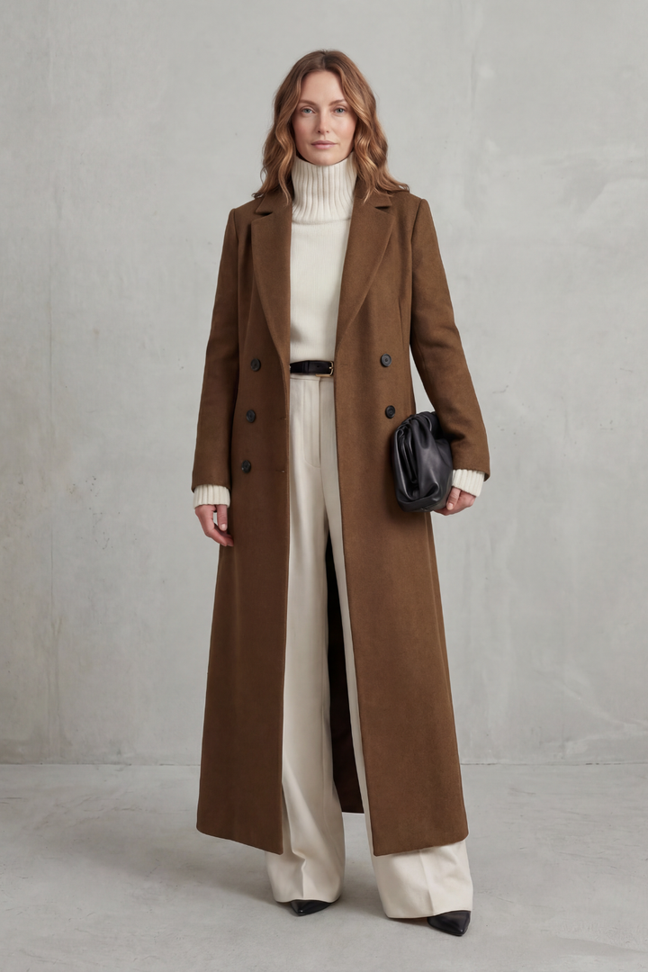 Delphine longline double-breasted coat in wine red, close-up front view
