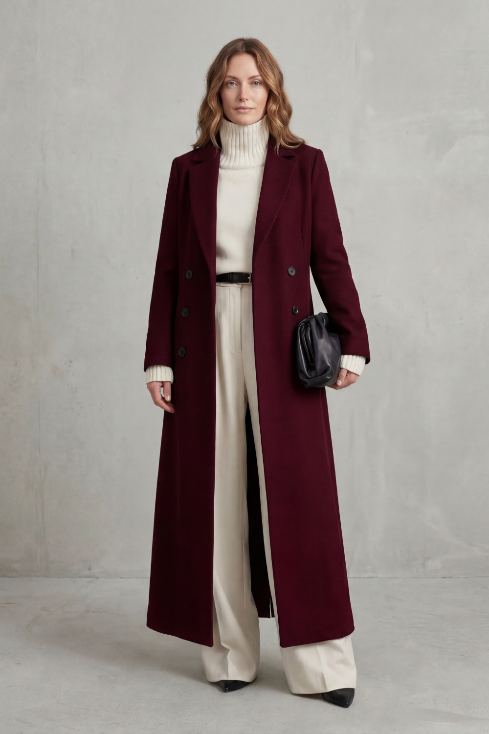 Delphine longline double-breasted coat in wine red, close-up front view
