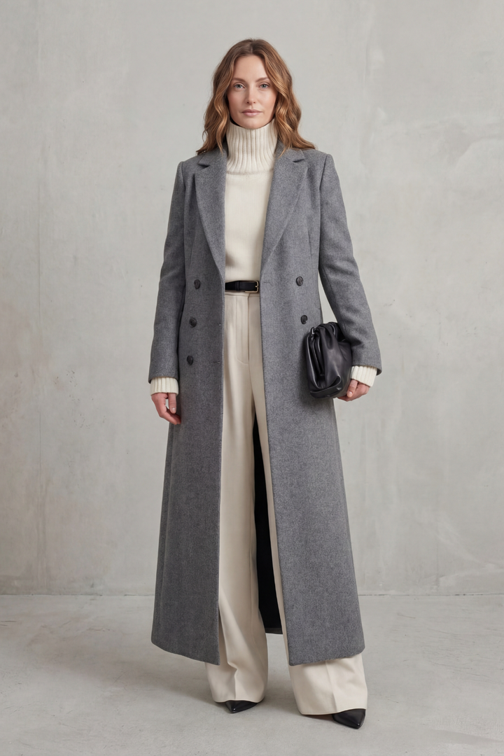 Delphine longline double-breasted coat in wine red, close-up front view