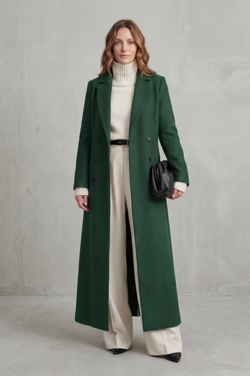 Delphine longline double-breasted coat in wine red, close-up front view