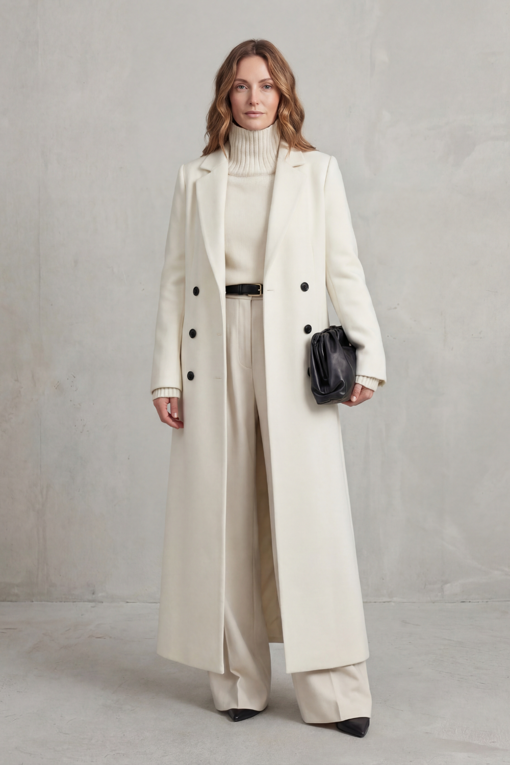Delphine longline double-breasted coat in wine red, close-up front view