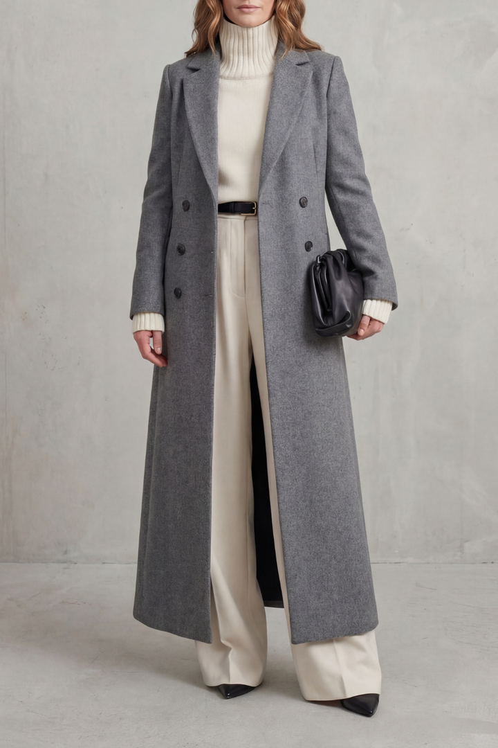 Delphine longline double-breasted coat in wine red, close-up front view