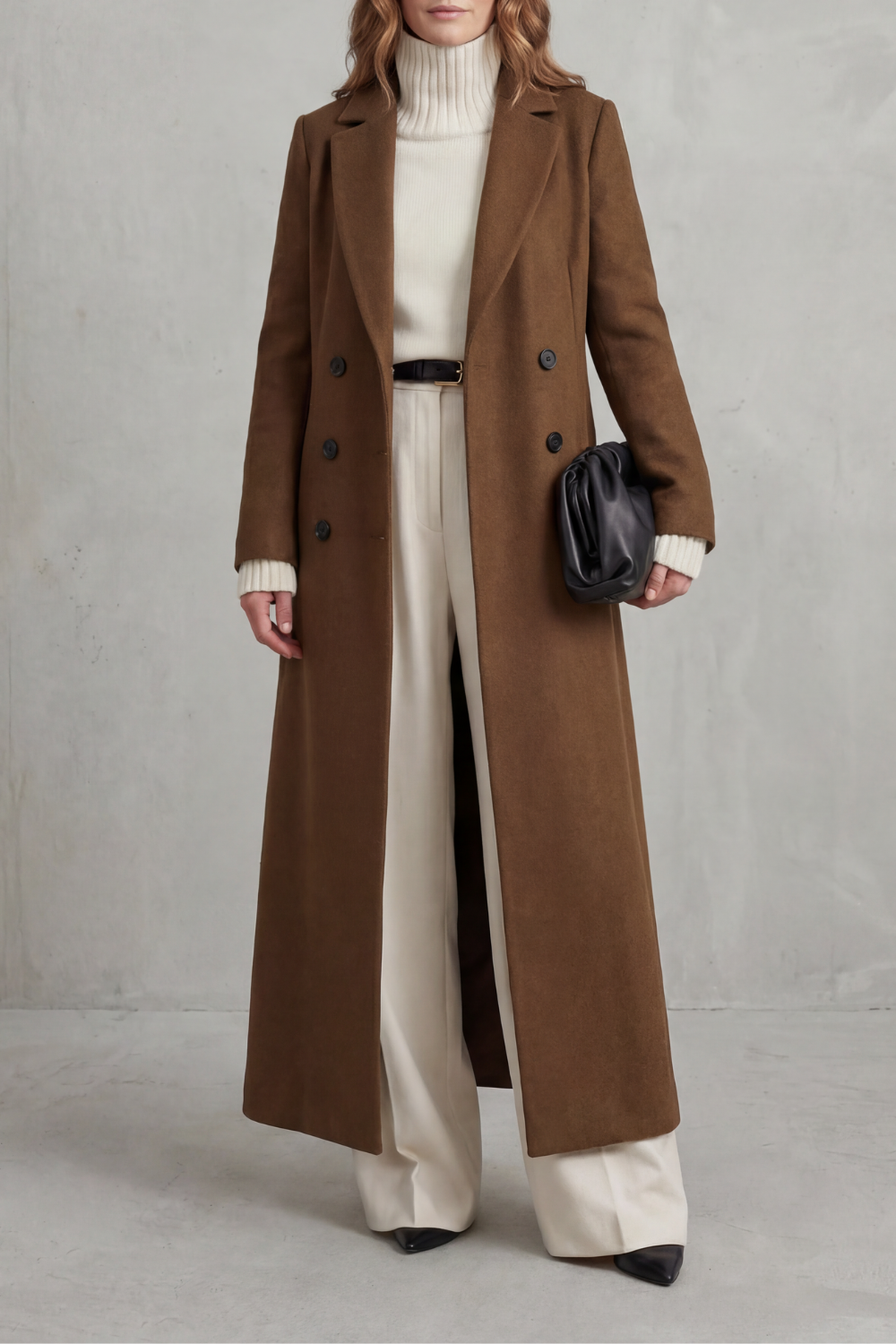 Delphine longline double-breasted coat in camel, styled with wide-leg pants