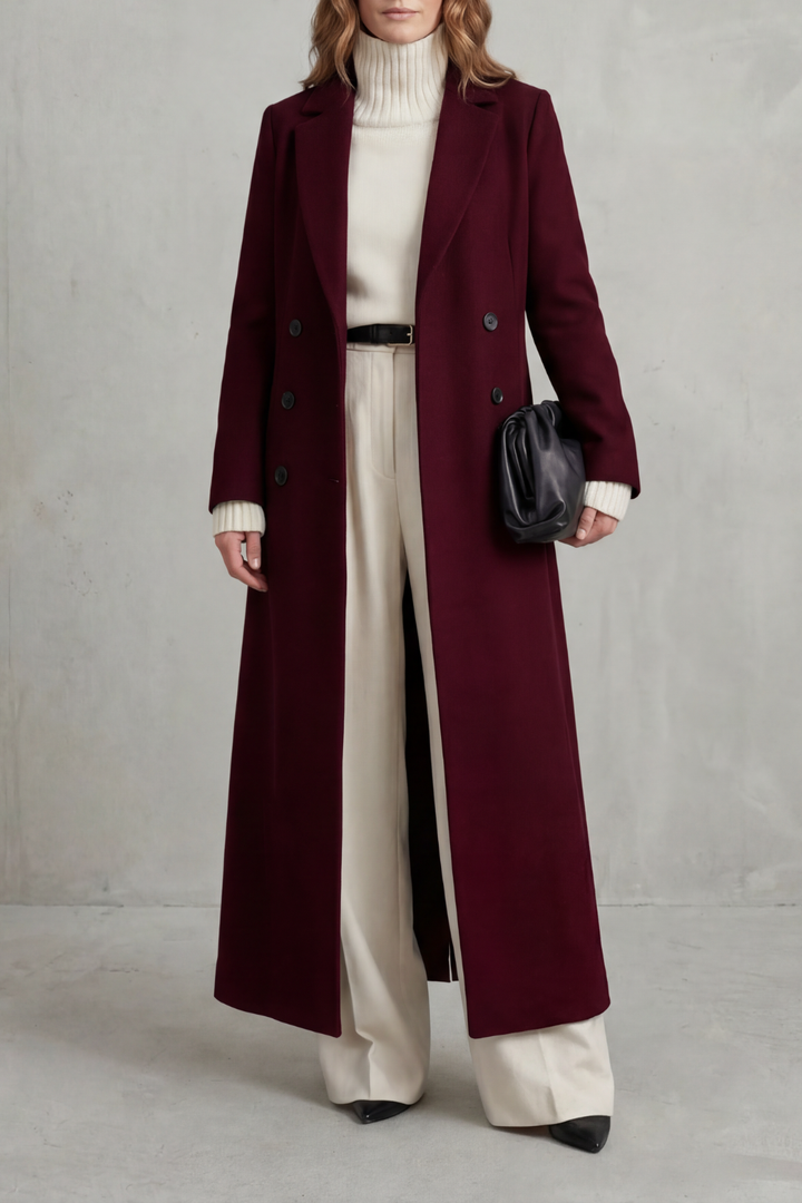 Delphine longline double-breasted coat in wine red, close-up front view