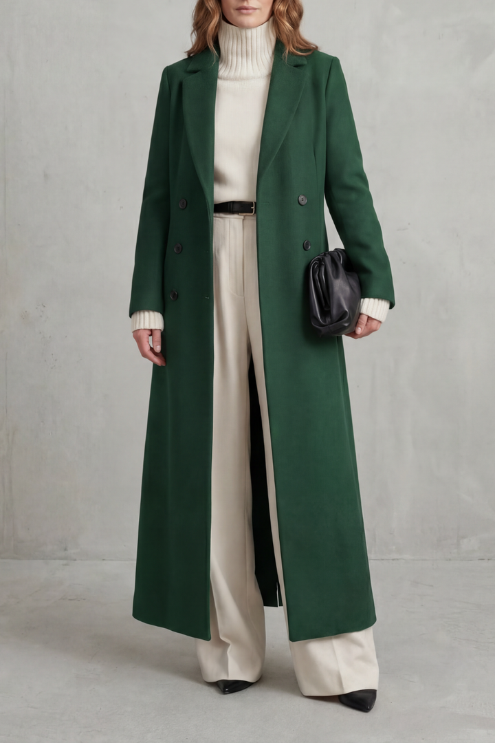 Delphine longline double-breasted coat in wine red, close-up front view