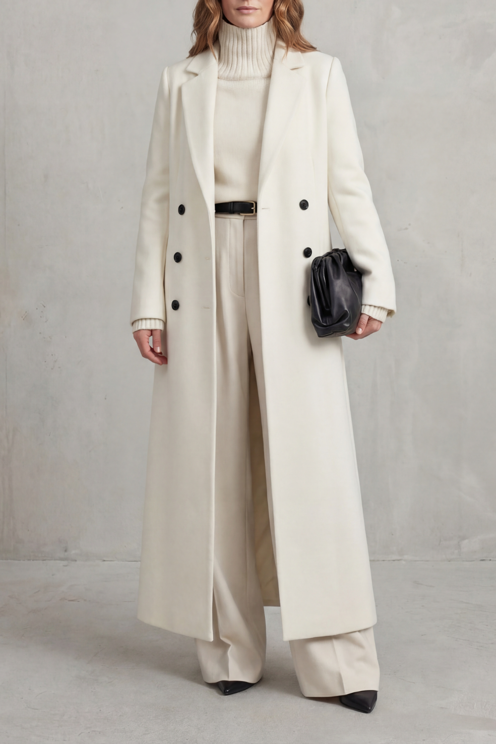 Delphine longline double-breasted coat in wine red, close-up front view
