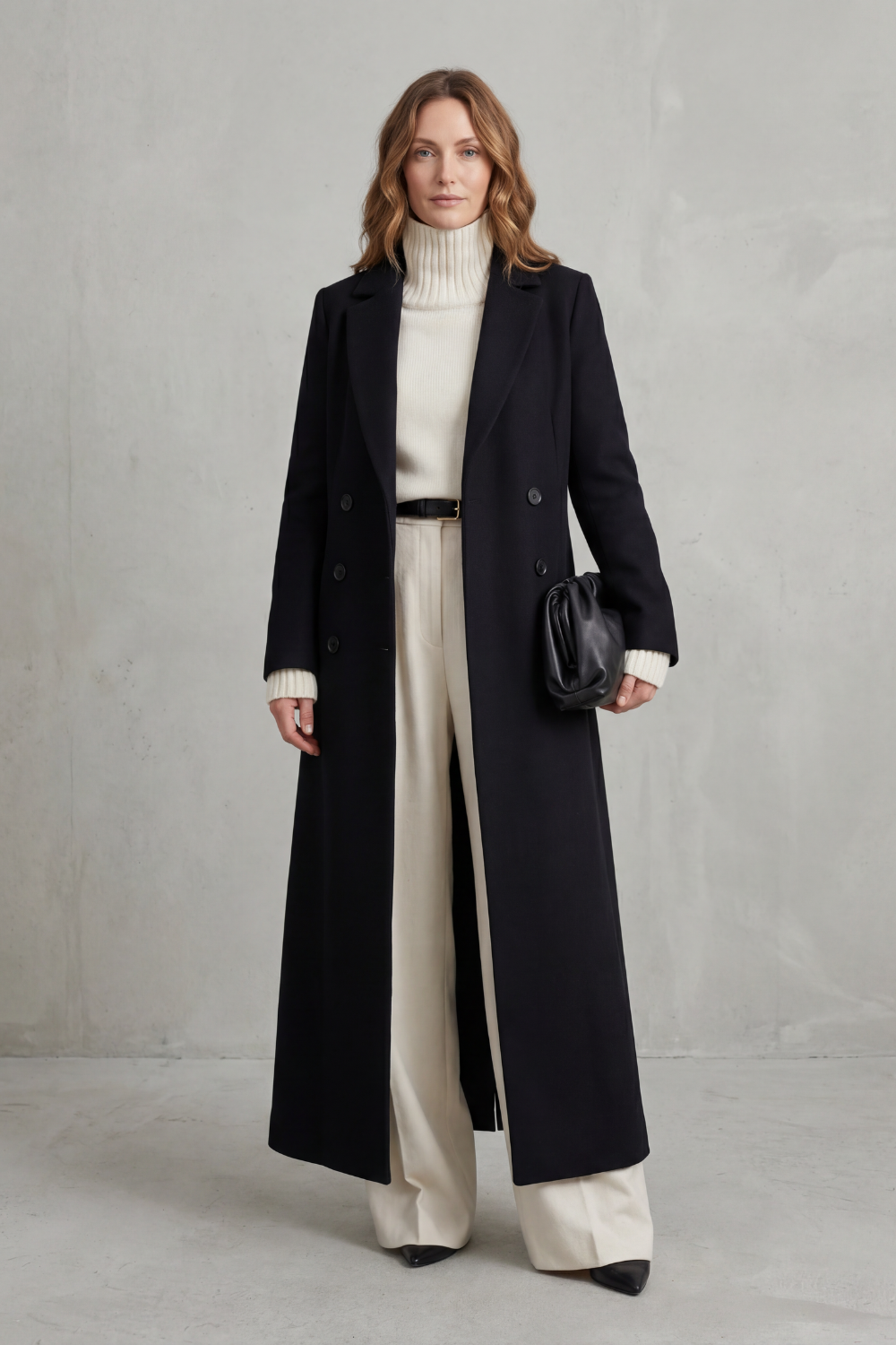 Delphine longline double-breasted coat in wine red, close-up front view