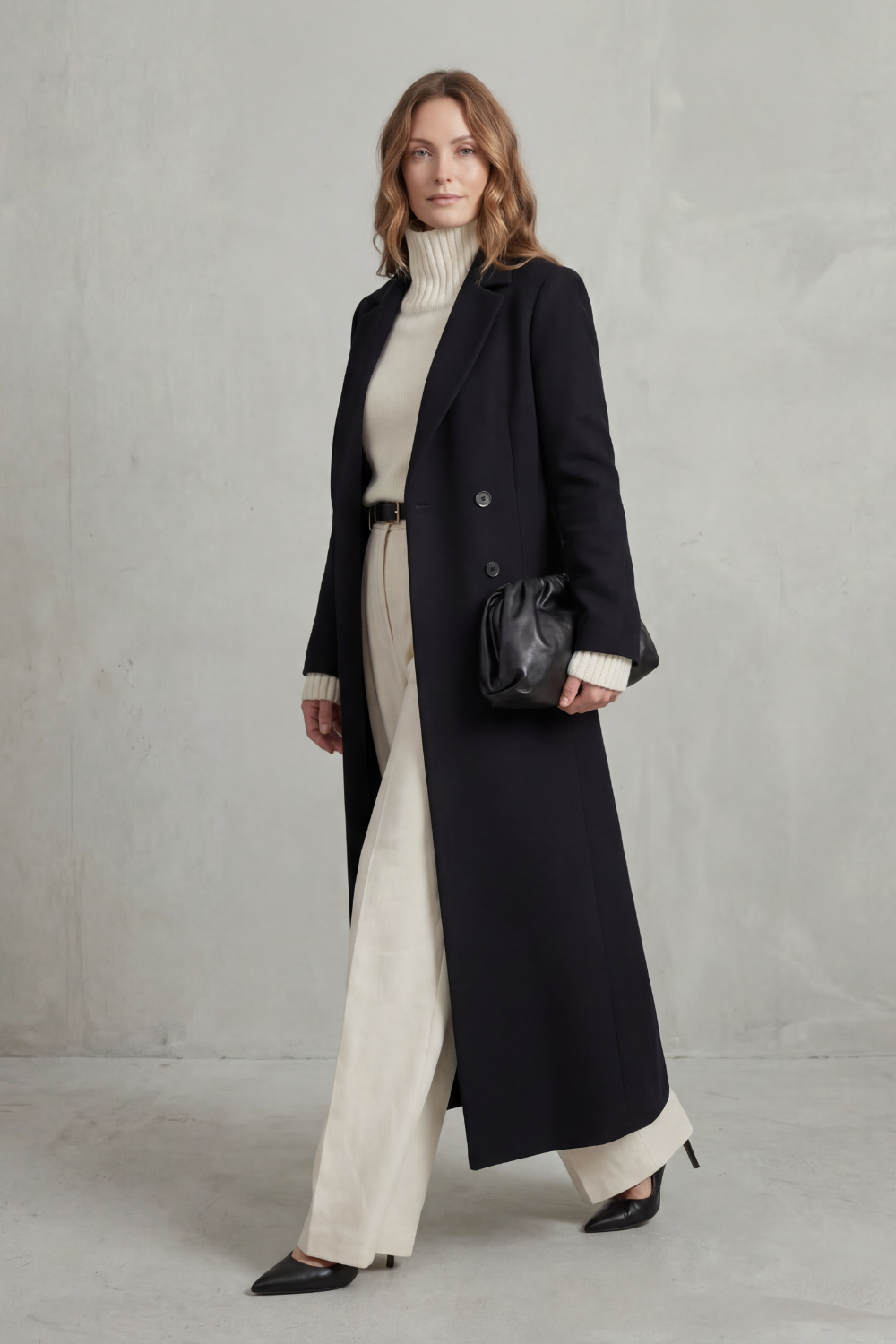 Delphine longline double-breasted coat in wine red, close-up front view
