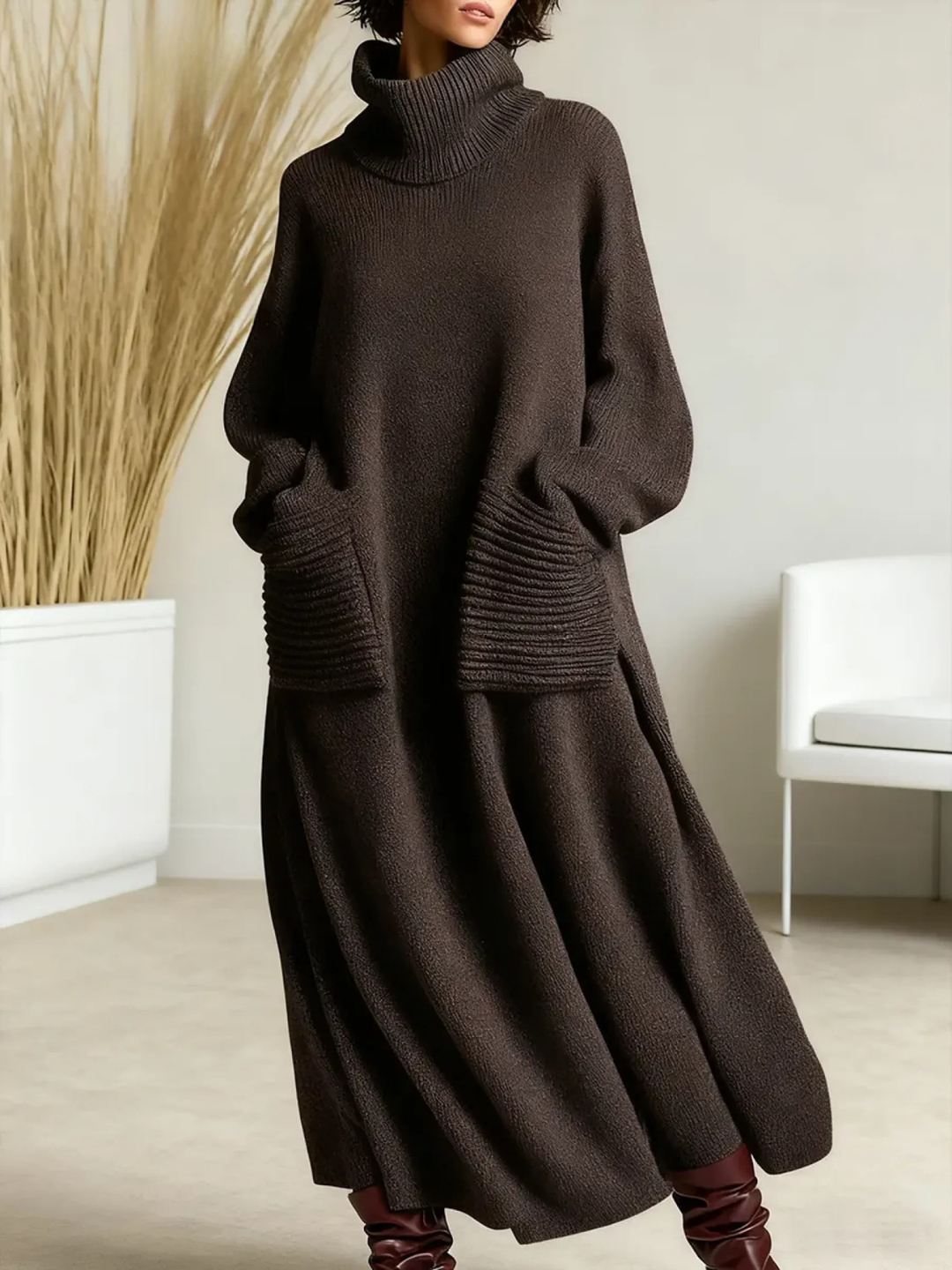 Marisol high neck sweater dress in brown, front view