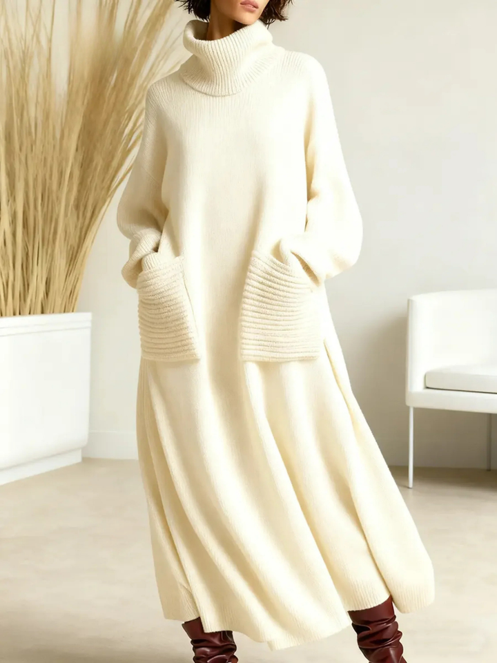 Marisol high neck sweater dress in cream, front view