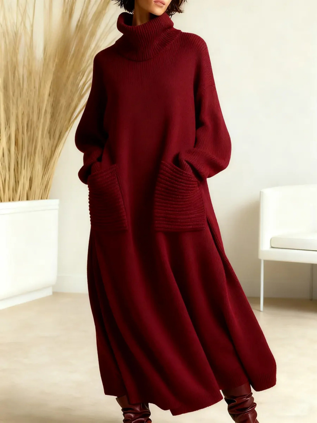 Marisol high neck sweater dress in burgundy, front view