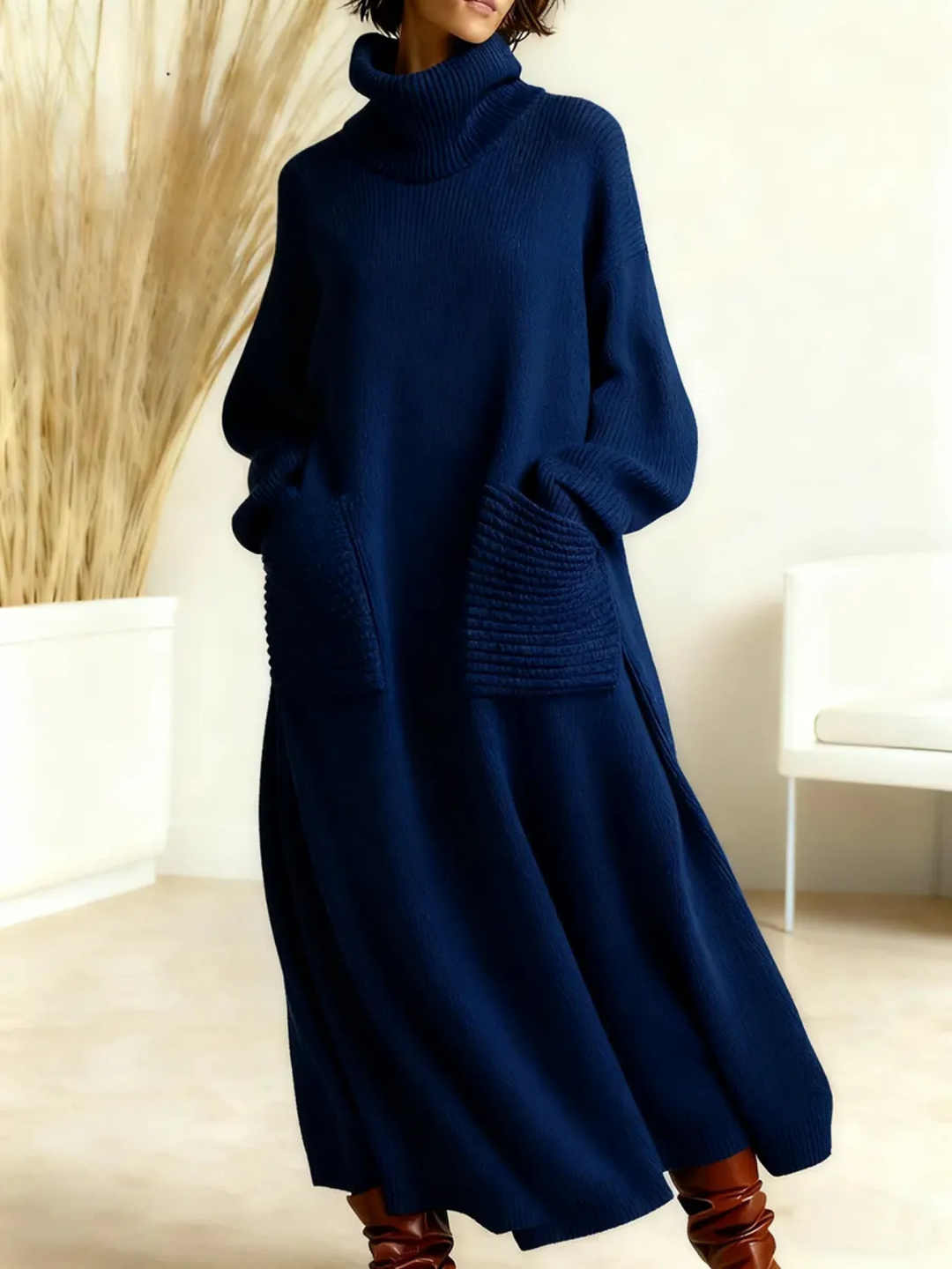 Marisol high neck sweater dress in navy blue, front view
