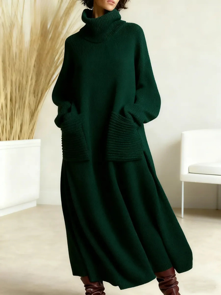 Marisol high neck sweater dress in navy blue, front view