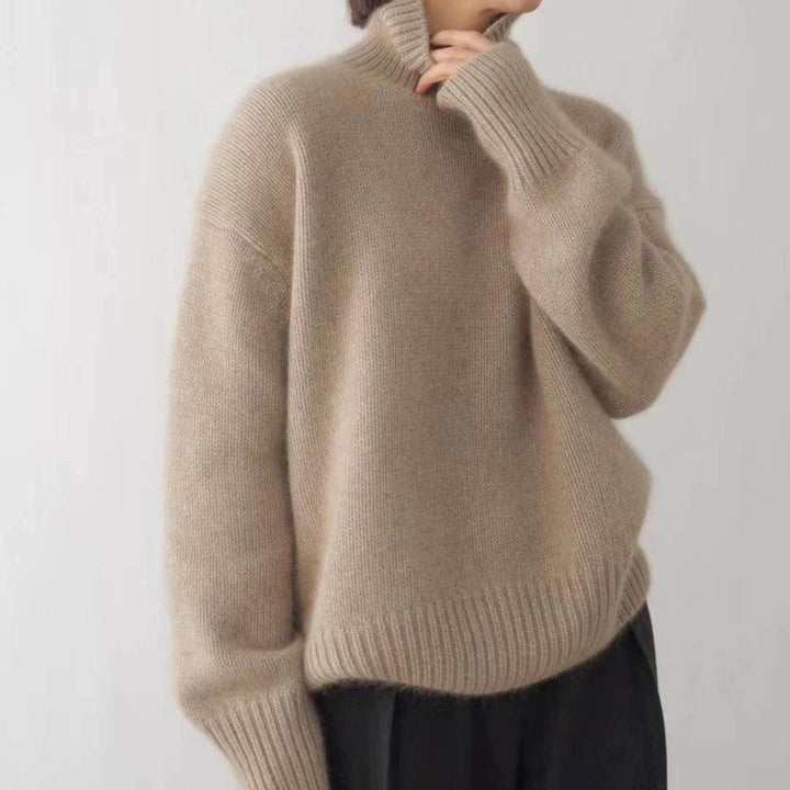 Rosalind turtleneck sweater in beige, close-up front view