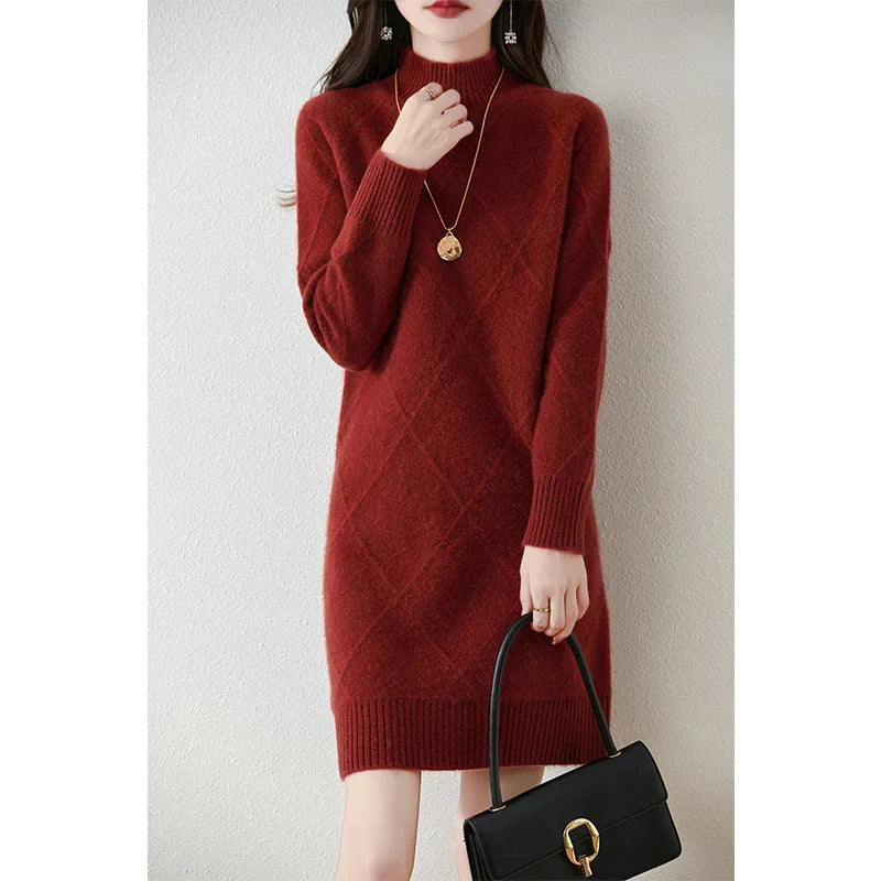 Verity mock neck diamond knit sweater dress in burgundy, front view