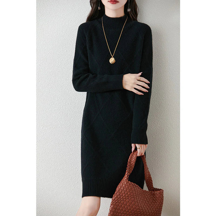 Verity mock neck diamond knit sweater dress in black, front view