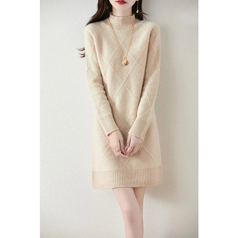 Verity mock neck diamond knit sweater dress in beige, front view