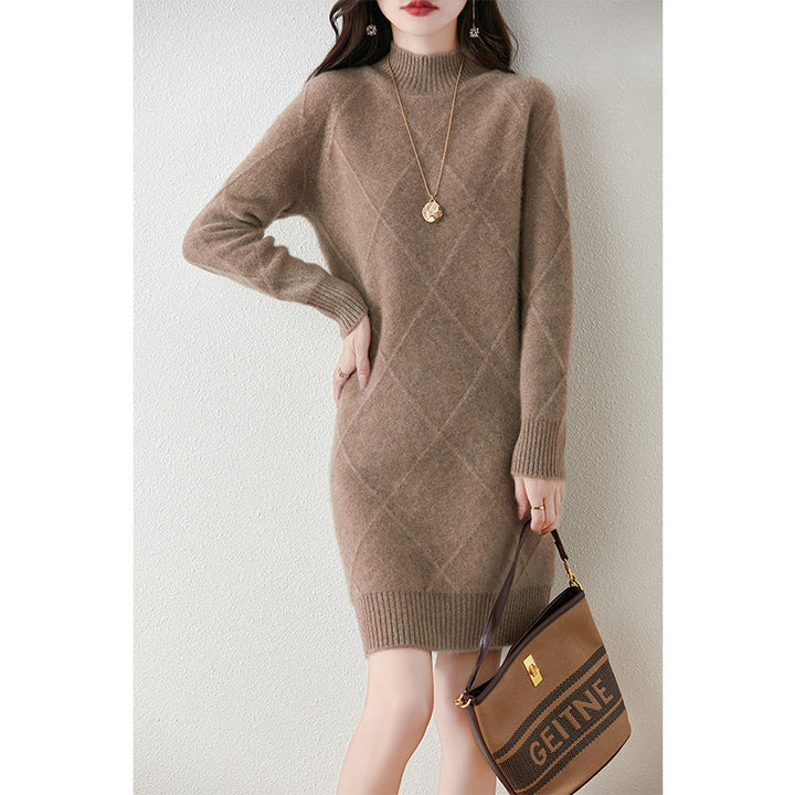 Verity mock neck diamond knit sweater dress in brown, front view