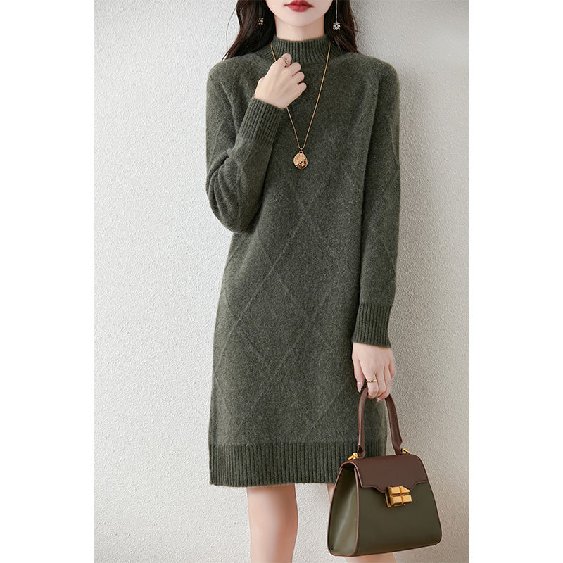 Verity mock neck diamond knit sweater dress in brown, front view