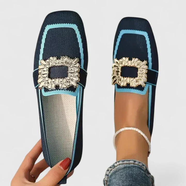 Rosaline navy embellished square toe loafers, top and side view