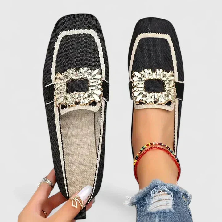Rosaline black embellished loafers, top and side view