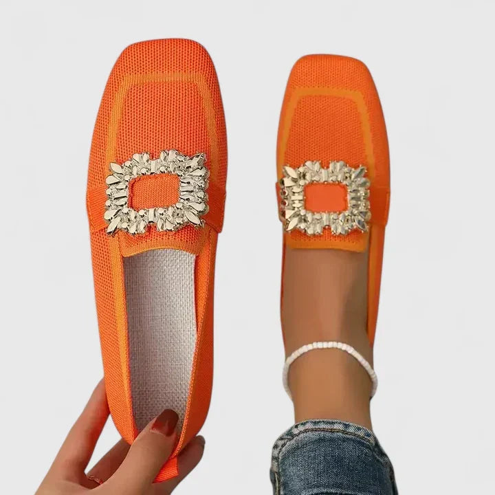 Rosaline orange embellished loafers, worn on foot with jeans