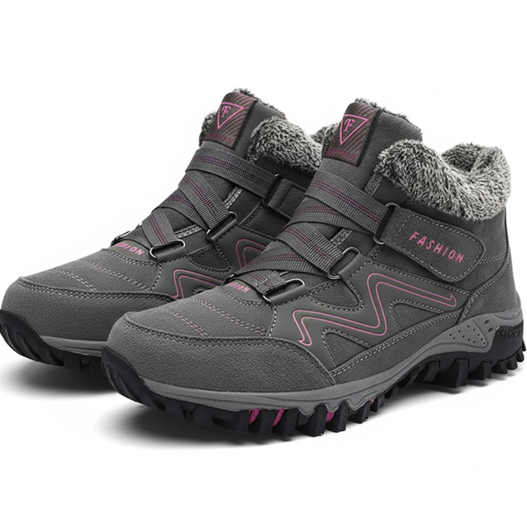 Ingrid gray and pink orthopedic ankle boots with faux-fur lining, side view