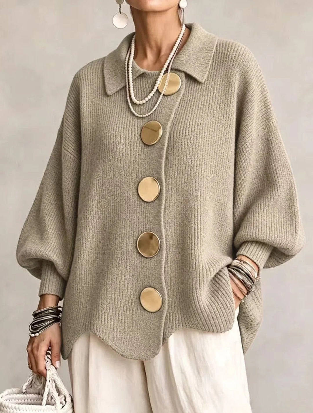 Wilhelmina oversized collared button cardigan in cream, front view