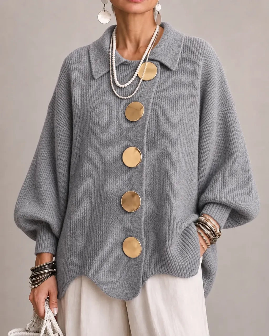 Wilhelmina oversized collared button cardigan in cream, front view