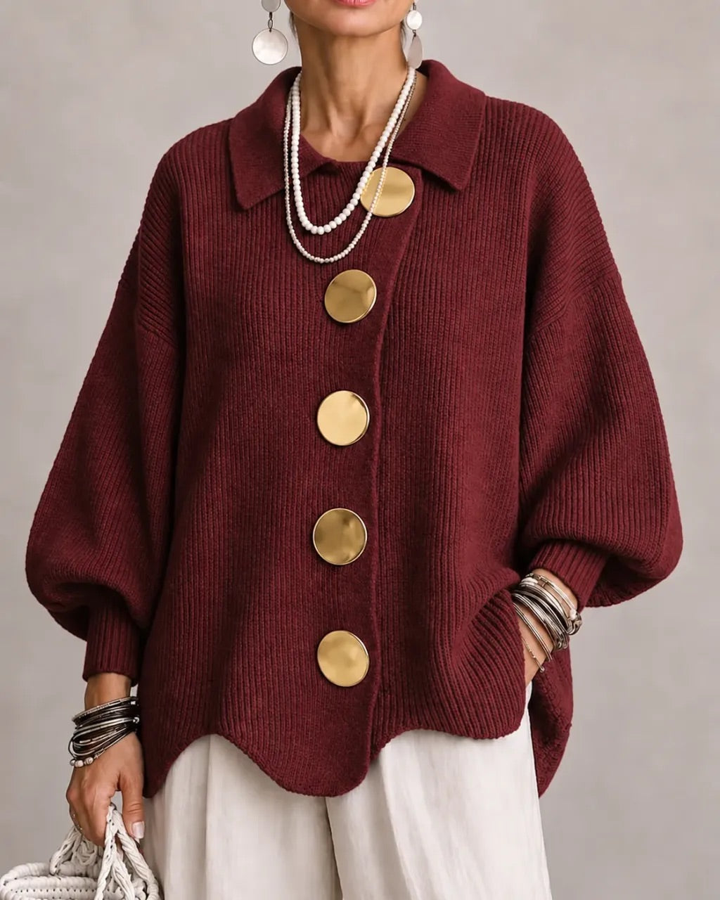 Wilhelmina oversized collared button cardigan in cream, front view