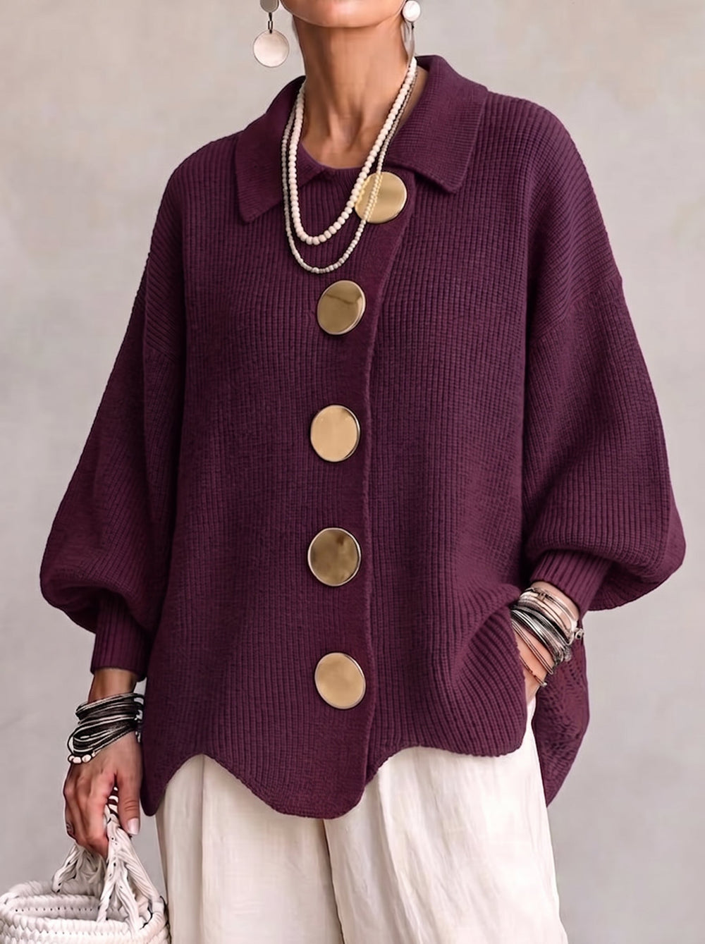 Wilhelmina oversized collared button cardigan in wine, front view