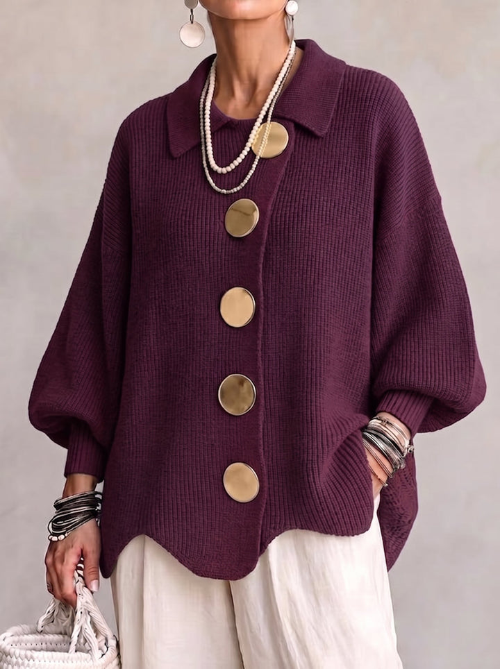 Wilhelmina oversized collared button cardigan in wine, front view