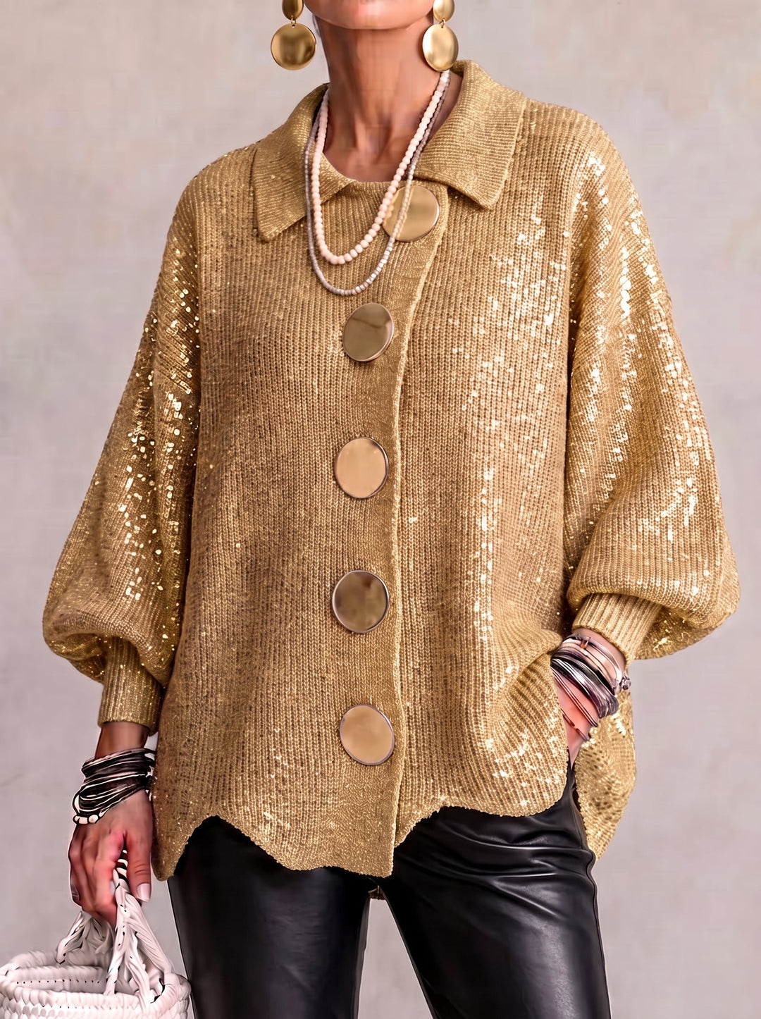 Wilhelmina oversized collared button cardigan in gold sequin, front view