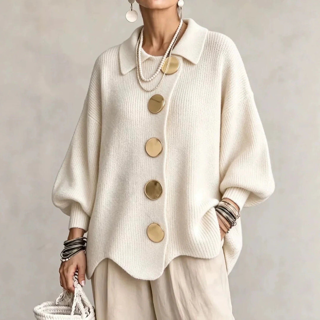 Wilhelmina oversized collared button cardigan in cream, front view