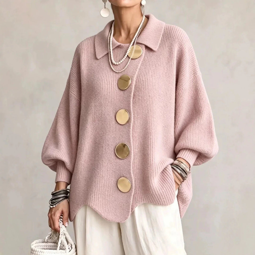 Wilhelmina oversized collared button cardigan in cream, front view