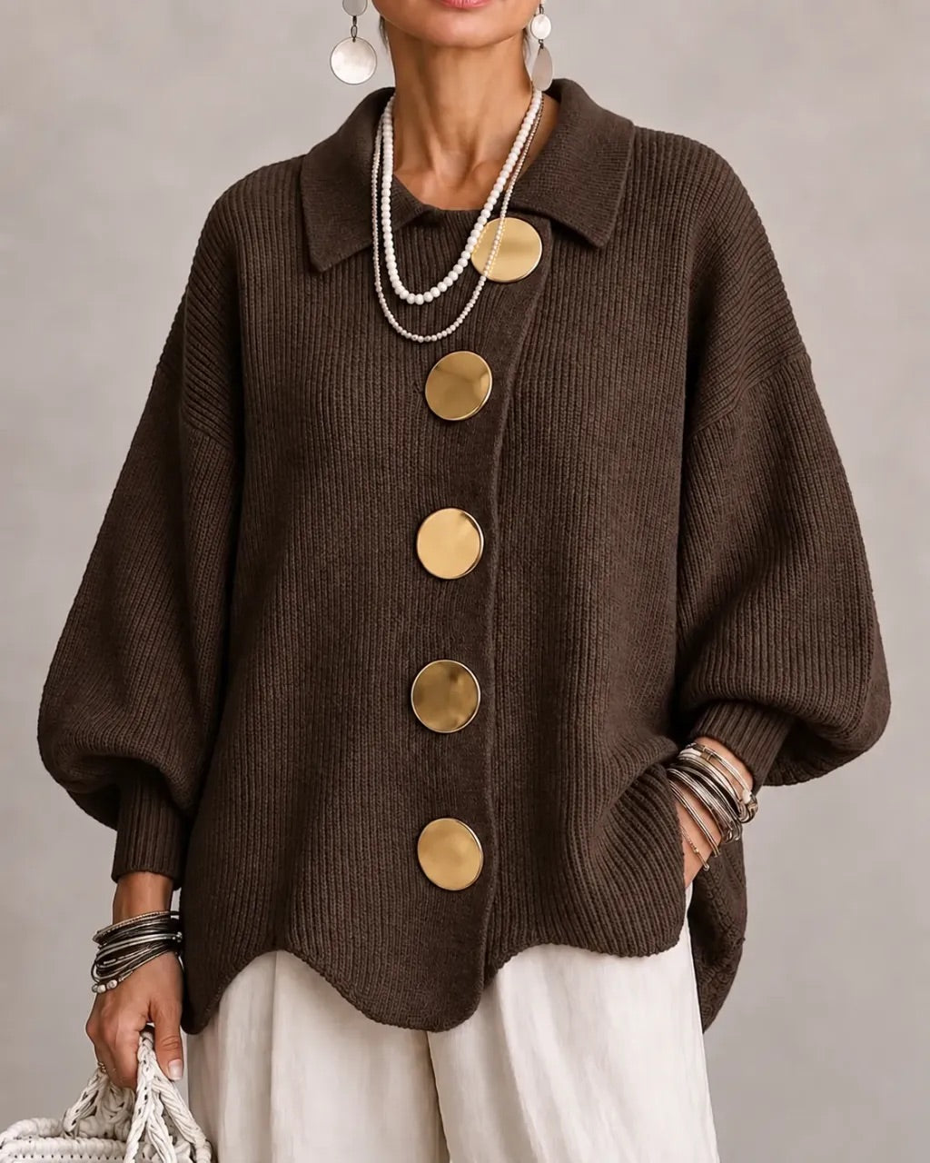 Wilhelmina oversized collared button cardigan in cream, front view