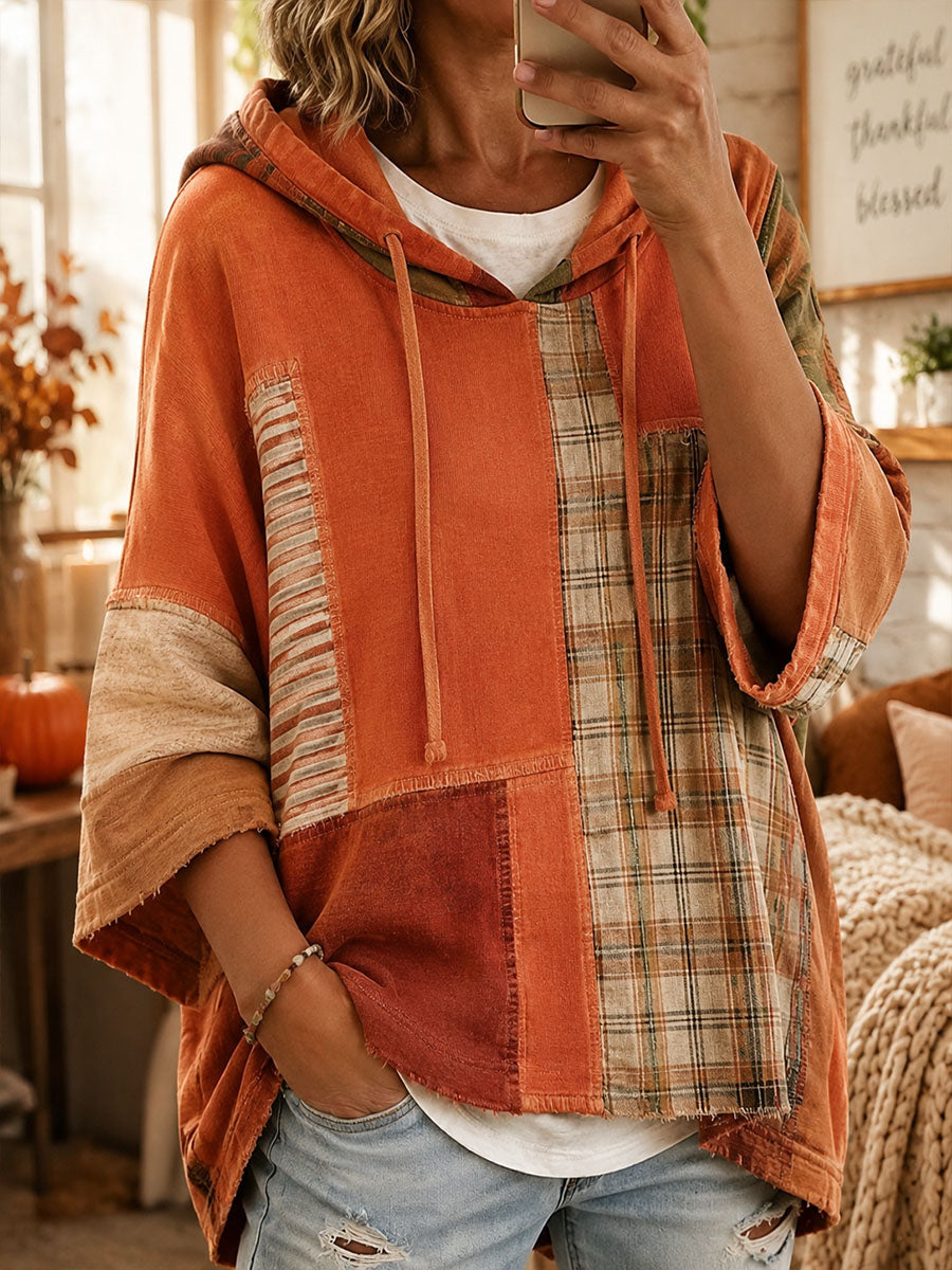 Marguerite oversized patchwork hoodie with drawstring hood, front view